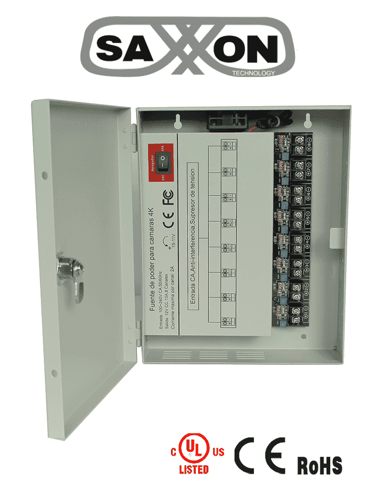 SAXXON PSU1213D8H- Fuente de Poder Profesional de 11 a 15 vcd/ 13 Amperes/ Para 8 Camaras Hasta 4k/ 1.6 Amperes por Canal/ Protección contra Sobrecargas/ Filtro de Ruido por Canal/ Uso rudo/ SAXXON PSU1213D8H- Fuente de Poder Profesional de 11 a 15 vcd/ 13 Amperes/ Para 8 Camaras Hasta 4k/ 1.6 Amperes por Canal/ Protección contra Sobrecargas/ Filtro de Ruido por Canal/ Uso rudo/
